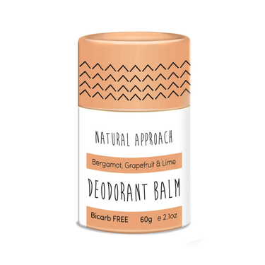 A natural deodorant tube with geometric patterns labeled Bergamot, Grapefruit, & Lime. The tube is 60g in size and is designed for sensitive skin.
